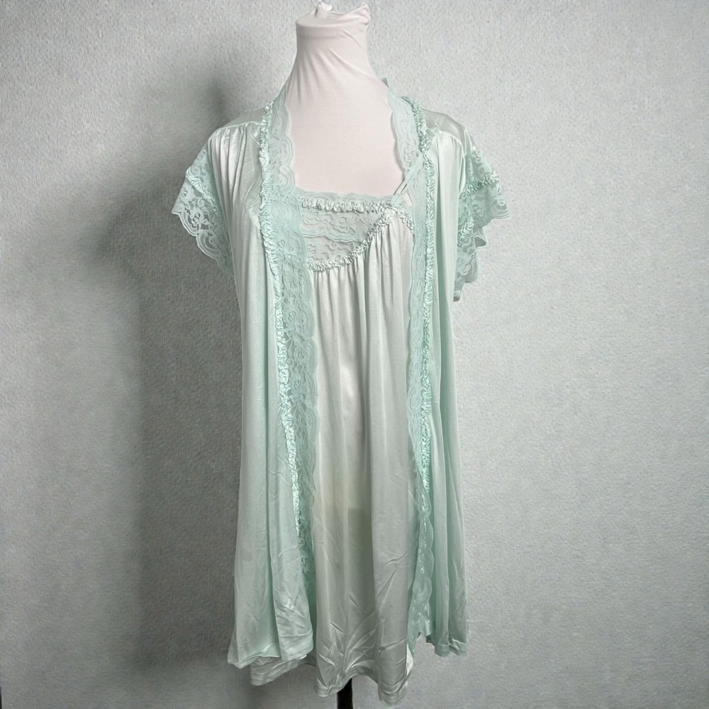 Vintage Mint Chiffon Peignoir Set • Sheer Lace Slip & Matching Robe M